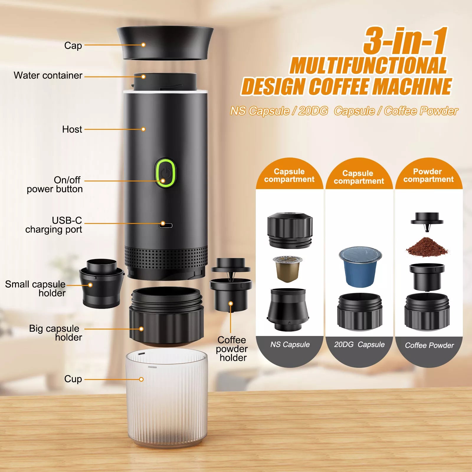 Irishom Macchina Caffè Portatile Per Auto - 3 In 1 Con Capsule E Caffè Macinato, 15Bar - Foto 7